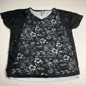 Chicos Burnout V-Neck Top Tank Set Blue Short Sleeve See Through Casual 1 MEDIUM